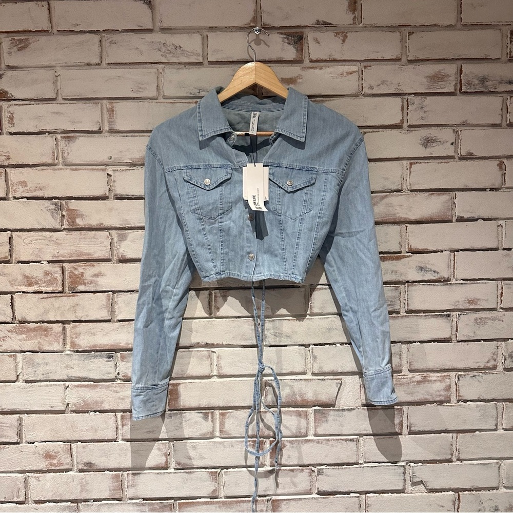 Zara Cropped Blue Denim Tie back long sleeve top NEW